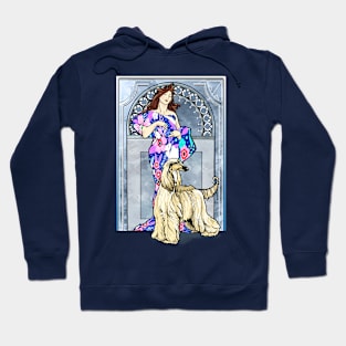 Mucha/Watson. Masked Gold Afghan Hound.Elegant brunette female. Hoodie